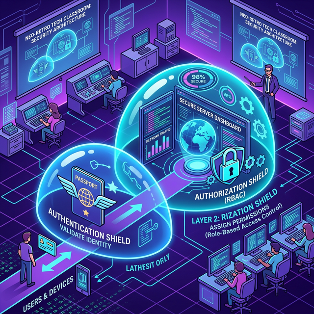 Neo-Retro isometric conceptual diagram illustrating a Two-Layer security architecture with Authentication and Authorization shields